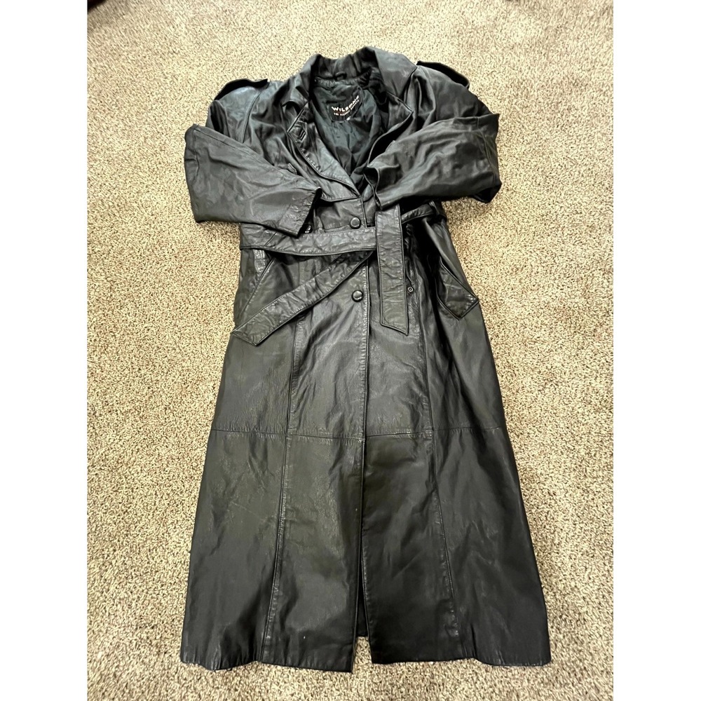 Y2K Wilsons Long Trench Coat Womens XS Black Leather Belted Back Storm Flap